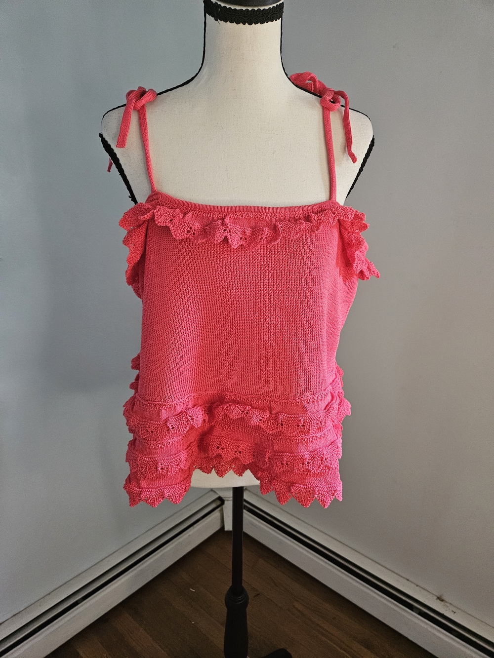 Time and Tru Bright Pink Crochet-Trim Tie-Strap Camisole